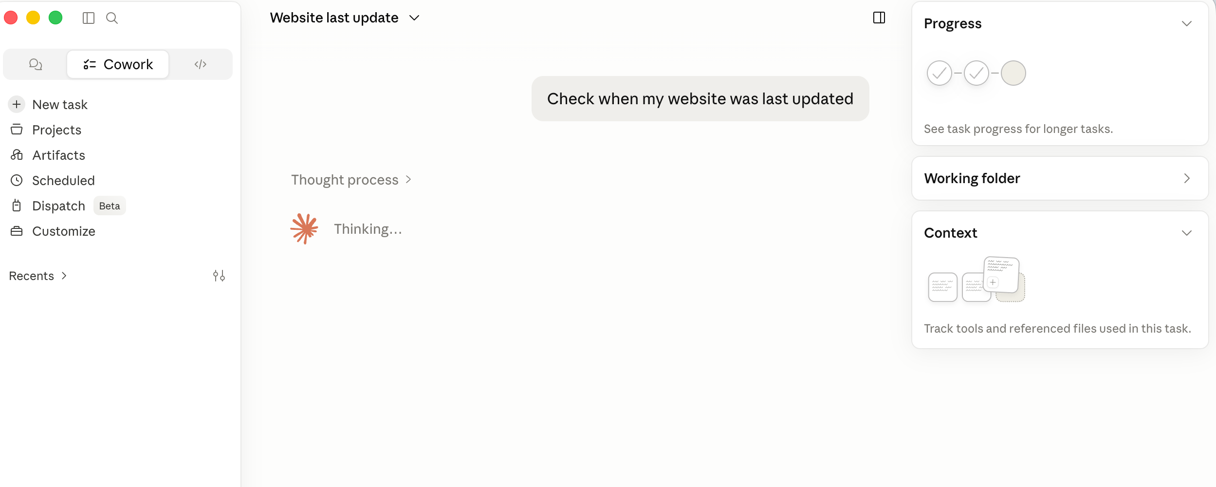 The Cowork interface showing the task input, progress view, connected folders, and sidebar navigation