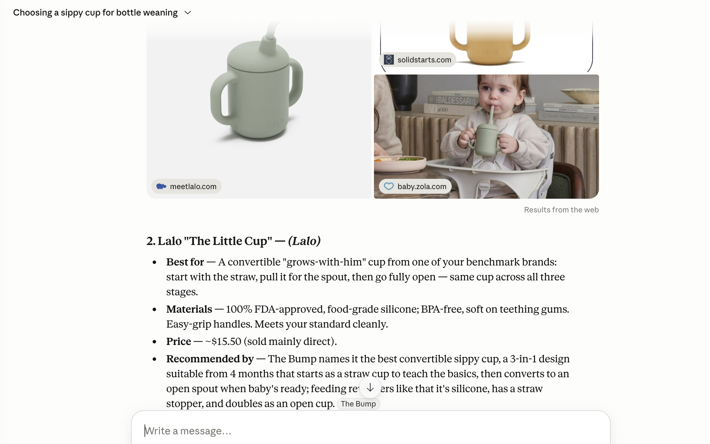 An example sippy-cup briefing the comparison shopper produced in Claude Chat — product photos from the web, then a ranked entry with Best for, Materials, Price, and Recommended by.